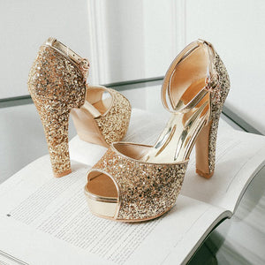 gold Rhinestone glitter peep toe platform chunky heels with ankle strap