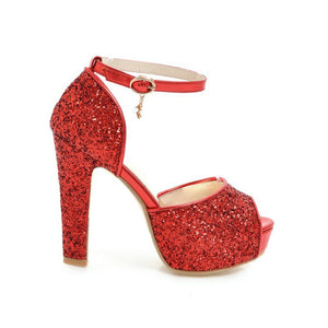 red Rhinestone glitter peep toe platform chunky heels with ankle strap