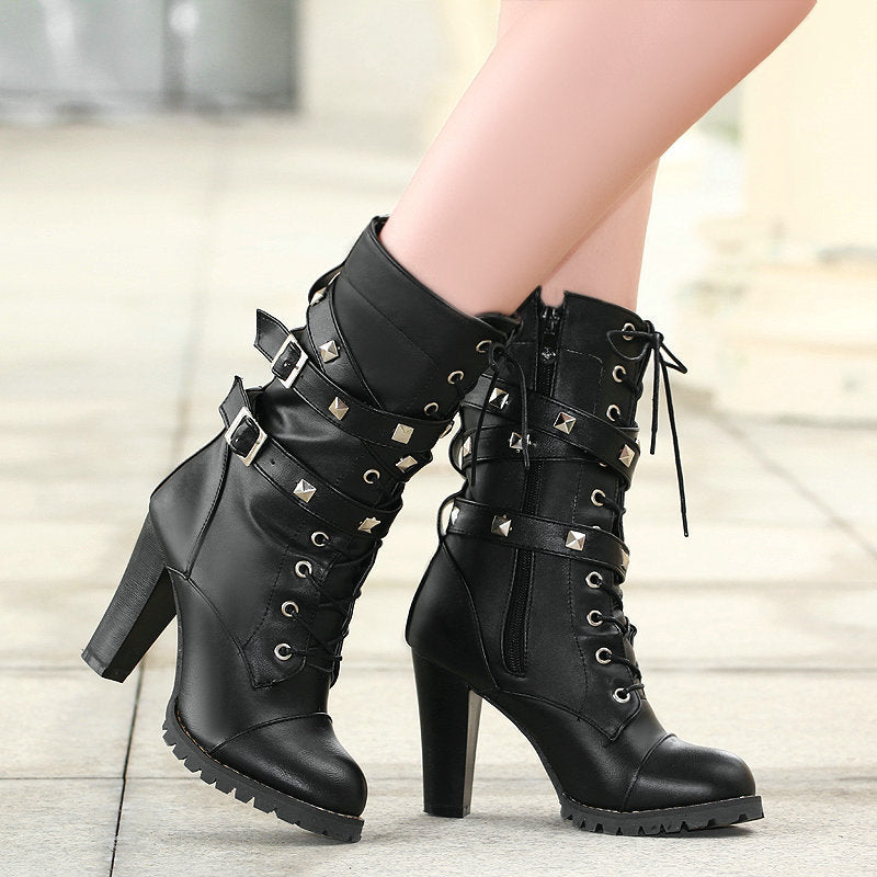 Rivets punk chunky high heels mid calf combat boots with buckle strap