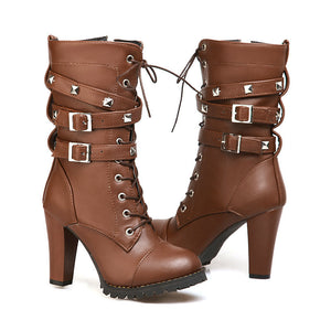 Rivets punk chunky high heels mid calf combat boots with buckle strap