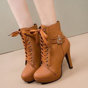 Round toe platform high heels lace-up booties