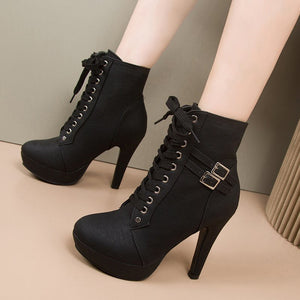 Round toe platform high heels lace-up booties