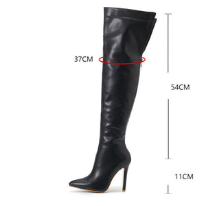 Sexy PU leather wide calf stiletto heels thigh high boots with back zipper