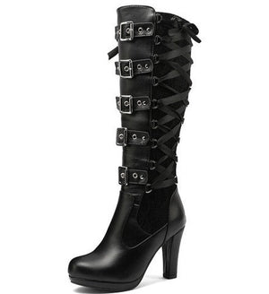 Sexy black chunky high heels bandage lace-up punk goth buckle straps boots