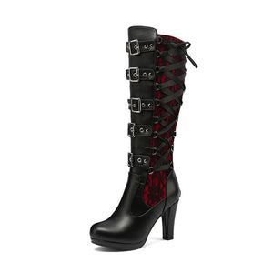 Sexy black chunky high heels bandage lace-up punk goth buckle straps boots