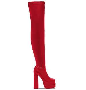 Sexy faux leather chunky platform high heels thigh high boots