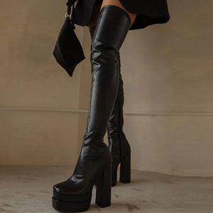 Sexy faux leather chunky platform high heels thigh high boots