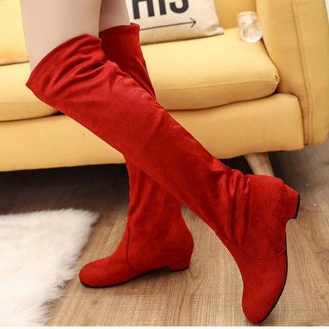 Soft faux suede low heels pull on over the knee boots