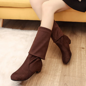 Soft faux suede low heels pull on over the knee boots