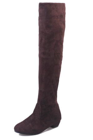 Soft faux suede low heels pull on over the knee boots