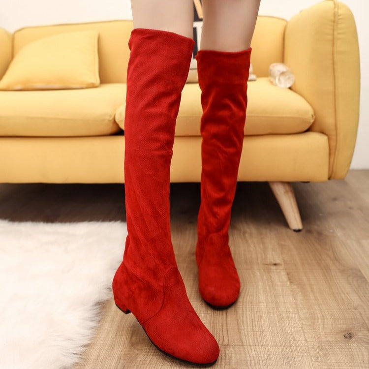 Soft faux suede low heels pull on over the knee boots