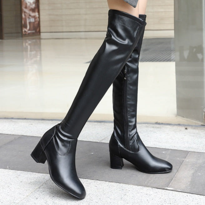 Square toe  block heels thigh high boots