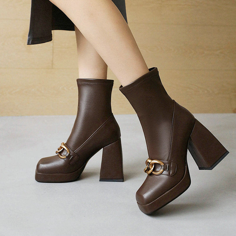 Square toe chunky high heels ankle boots