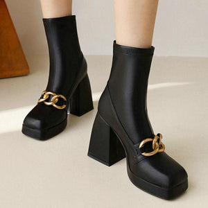 Square toe chunky high heels ankle boots