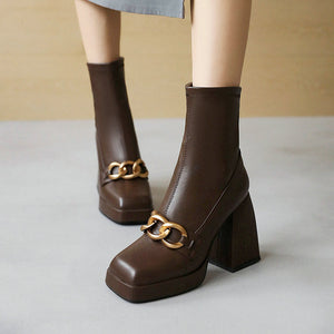 Square toe chunky high heels ankle boots