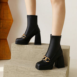 Square toe chunky high heels ankle boots