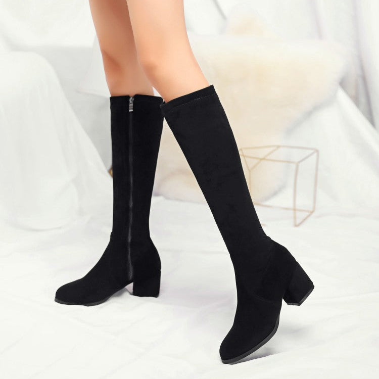 black Suede chunky heels long boots for fall winter