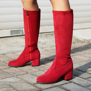 Suede chunky heels long boots for fall winter