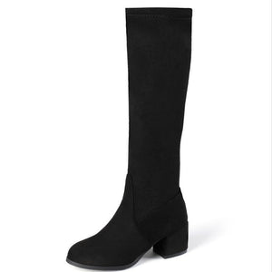 black Suede chunky heels long boots for fall winter