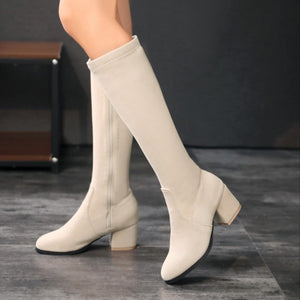 beige Suede chunky heels long boots for fall winter