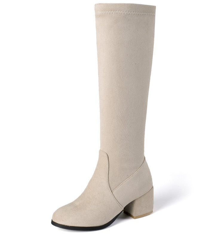 beige Suede chunky heels long boots for fall winter
