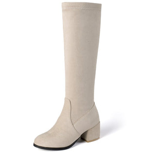 beige Suede chunky heels long boots for fall winter