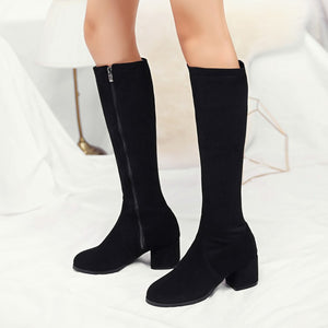 Suede chunky heels long boots for fall winter