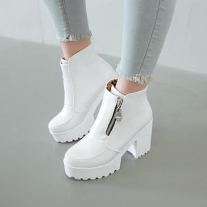 Thick platform square heels ankle boots with side zipper
