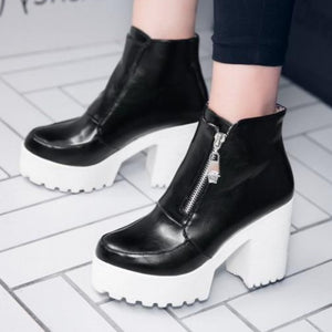 Thick platform square heels ankle boots with side zipper