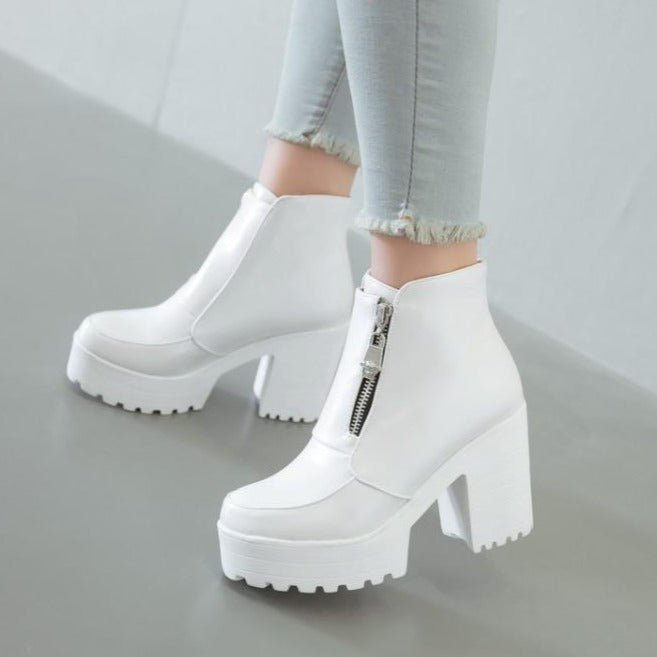 Thick platform square heels ankle boots with side zipper