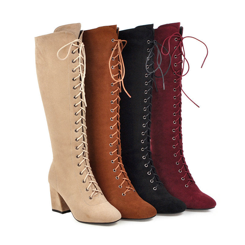 Vintage British style lace-up winter knee high boots