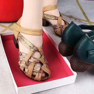 Vintage braided strappy peep toe sandals block heels