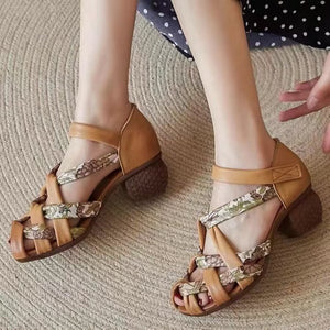 Vintage braided strappy peep toe sandals block heels