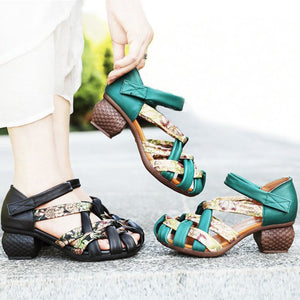 Vintage braided strappy peep toe sandals block heels