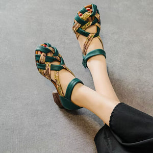 Vintage braided strappy peep toe sandals block heels