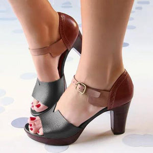 Vintage contrast paneled peep toe chunky heels sandals