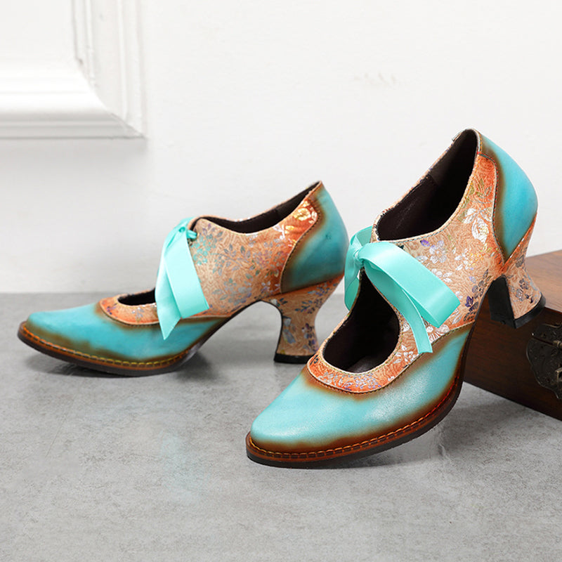 Vintage ethnic floral pumps ribbon lace-up dress heels