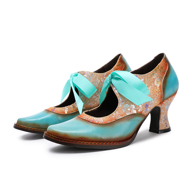 Vintage ethnic floral pumps ribbon lace-up dress heels