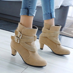 apricot Vintage faux suede chunky heels winter dress boots
