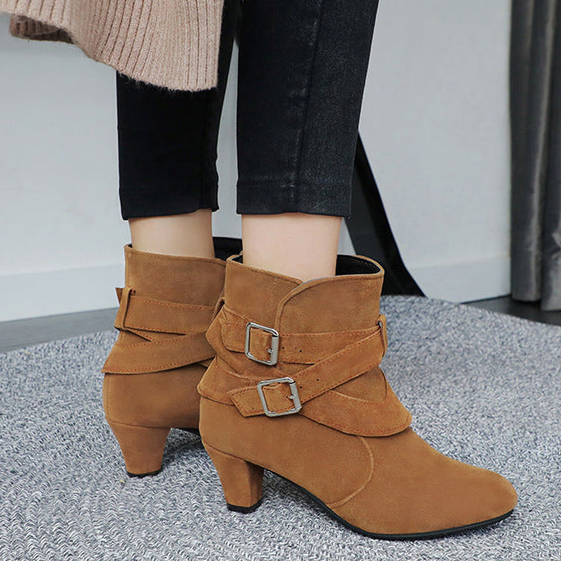 yellow Vintage faux suede chunky heels winter dress boots