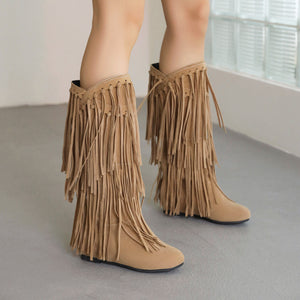 Vintage faux suede mid calf fringe boots tan brown western boots