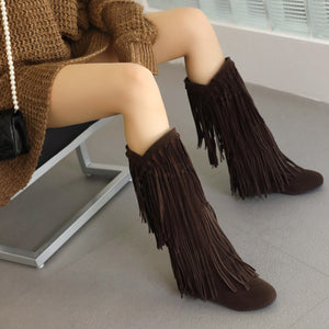 Vintage faux suede mid calf fringe boots tan brown western boots