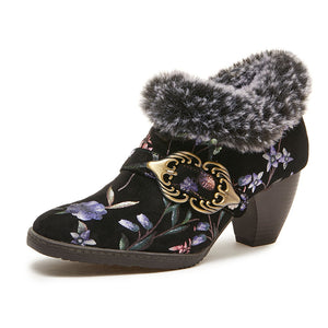 Vintage genuine leather fuzzy trim floral booties