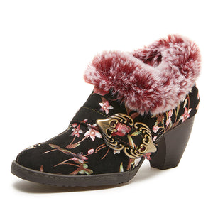 Vintage genuine leather fuzzy trim floral booties