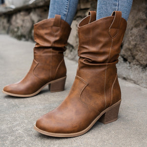 Vintage pull on slouchy mid calf biker boots