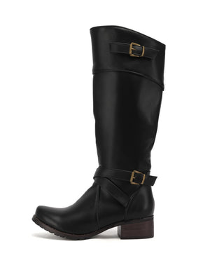Wide calf under the knee motorcycle boots with buckles