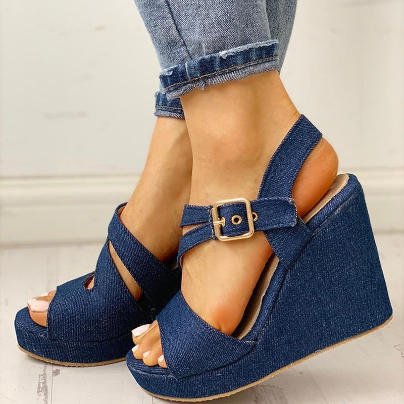 Women blue denim peep toe buckle wedge sandals
