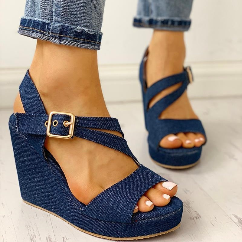 Women blue denim peep toe buckle wedge sandals