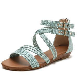Women bohemian woven strap back zipper flat sandals