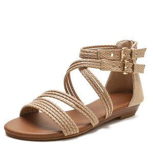 Women bohemian woven strap back zipper flat sandals